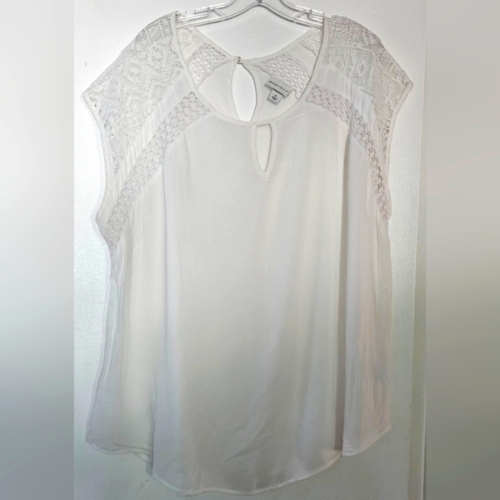 Ava & Viv Women's 1X Ivory Blouse Lace Crochet Cap Sleeve Keyhole Back Top Plus